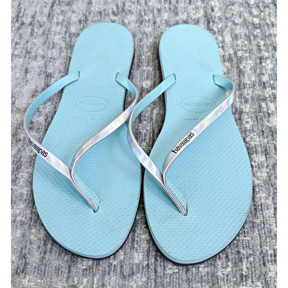 Havaianas Women's Blue Rubber Flip Flop Sandals Logo Slip On US 7/8 EU 39/40